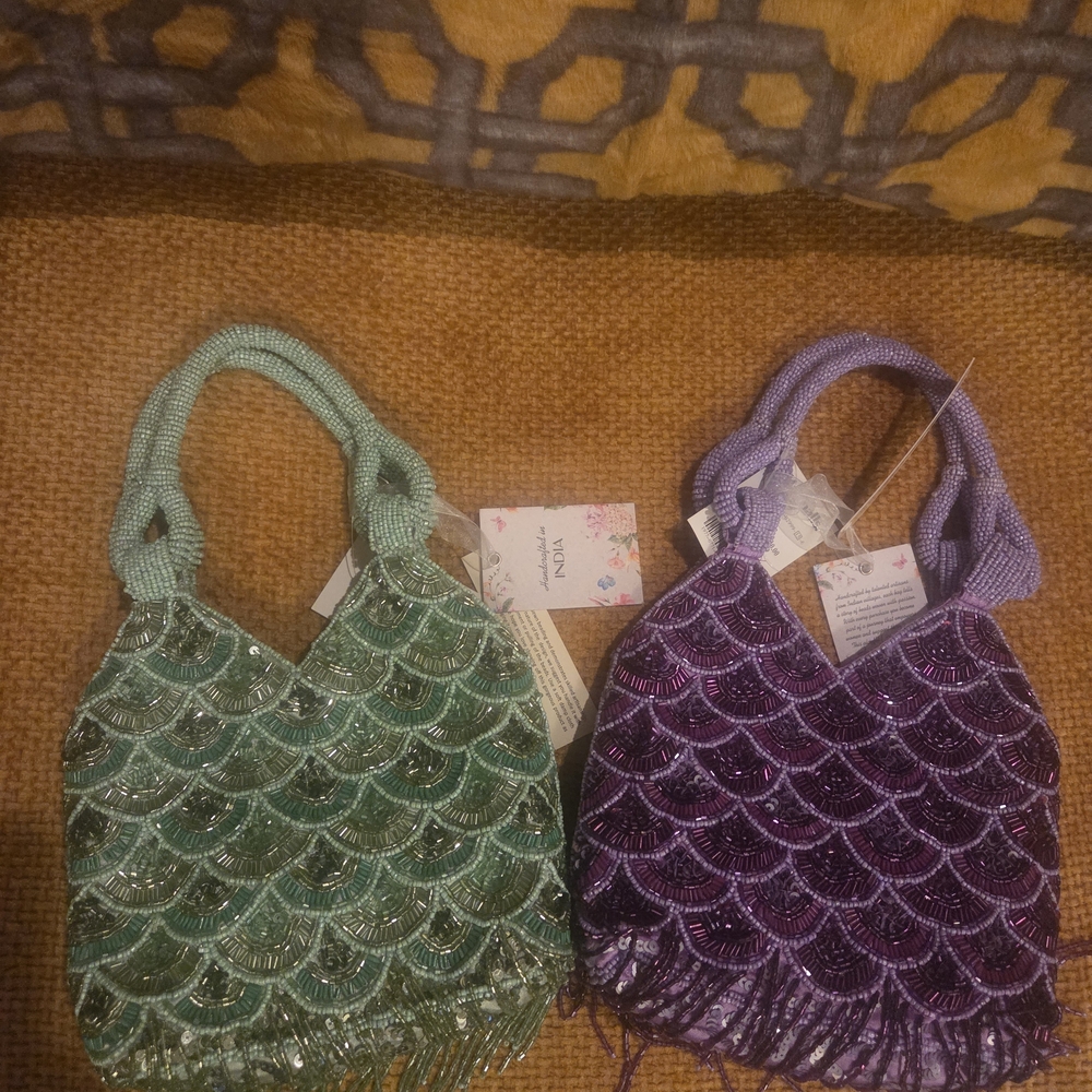 Viral Elegant Beaded Handbag Set - Green and Purple. NWT